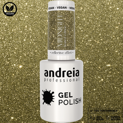Frasco de verniz gel com glitter dourado e texto de marca e características.