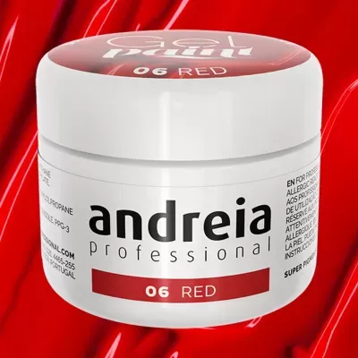 Frasco de gel para unhas vermelho da marca andreia professional no fundo vermelho.