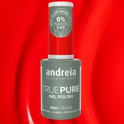 Verniz de unhas Andreia True Pure em frasco cinza com tampa vermelha e rótulo ecológico