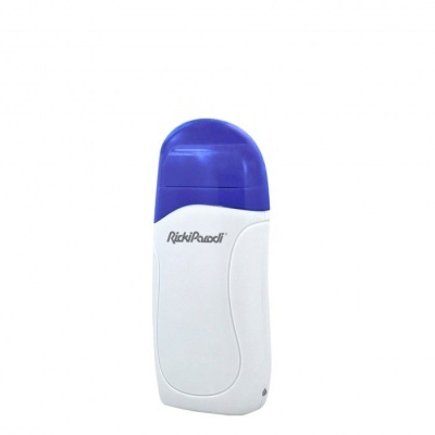Aparelho branco com tampa azul e texto RickyPhrodi