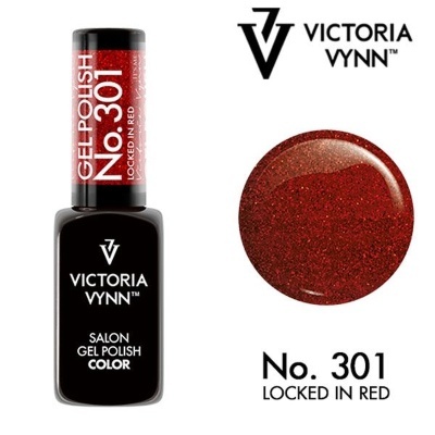 Frasco de esmalte de gel Victoria Vynn No. 301 Locked in Red com amostra da cor vermelha brilhante
