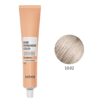 Tubo de coloração capilar demi-permanente andréia professional e amostra de cor cinza claro 10.02.