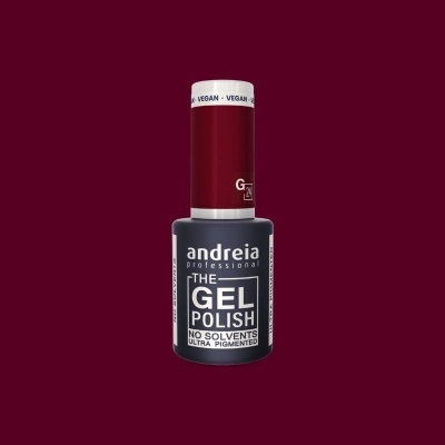Frasco de verniz gel Andreia Professional vermelho escuro e preto com texto branco