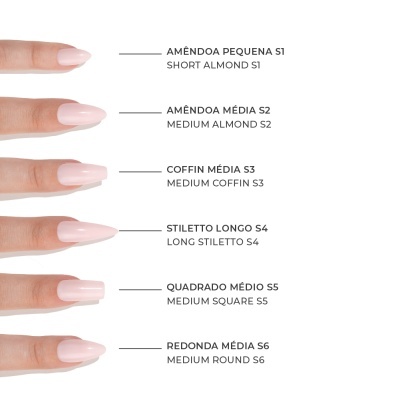 Seis unhas postiças rosa claro mostrando diferentes formatos e tamanhos com descrições em português e inglês.