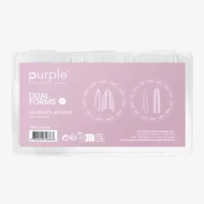 Estojo transparente com unhas postiças claras Dual Forms da Purple Professional com embalagem rosa.