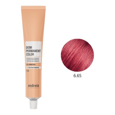 Tubo de coloração de cabelo demi-permanente com amostra de cor vermelho intenso 6.65