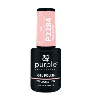 Frasco de verniz gel para unhas negro com tampa rosa e texto branco