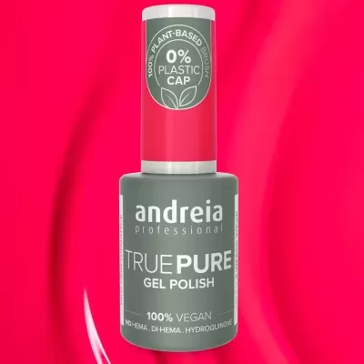 Verniz gel Andreia Professional True Pure em frasco cinzento com tampa rosa e branca