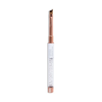 Pincel para maquilhagem com cabo transparente e cristais, metal dourado e corpo branco com texto