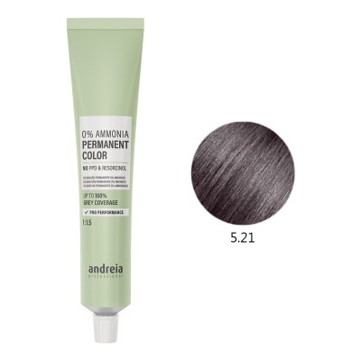 Tubo verde claro de tinta para cabelo permanente com amostra de cor castanha escura 5.21