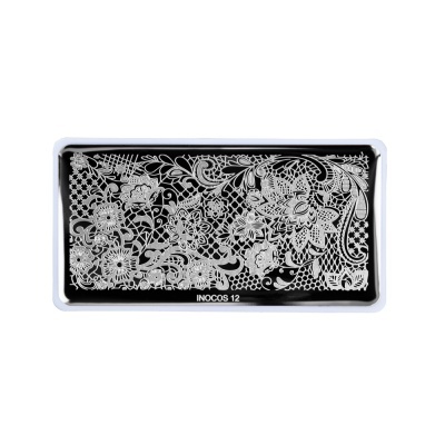 Placa metálica preta com padrão floral branco e texto INOCOS 12