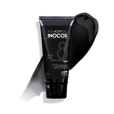Tubo preto de gel para unhas Polyacrygel Inocos 8 Preto Puro com amostra do gel preta.