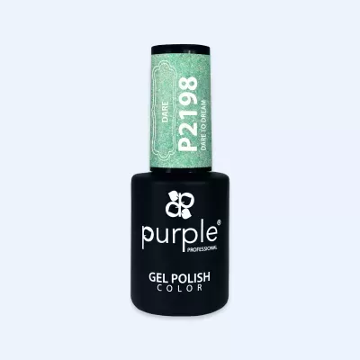 Frasco de verniz gel Purple Professional com tampa verde cintilante glitter