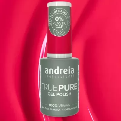Frasco de verniz gel Andreia Professional TRUE PURE, 100% vegan, com tampa vermelha.