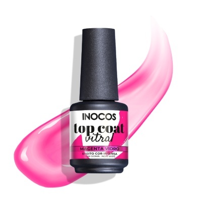 Frasco de verniz INOCOS top coat vitral magenta vidro com pincelada rosa ao fundo