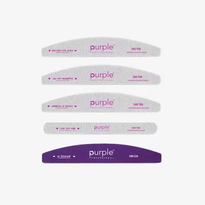 Conjunto de cinco lixas de unhas em tons cinzento claro e roxo com textos motivacionais, de várias granulações.