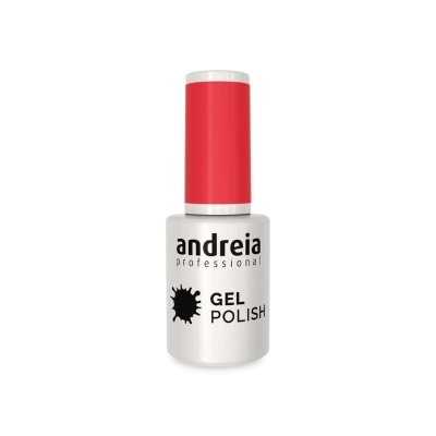Frasco de verniz gel para unhas Andreia professional com tampa vermelha e corpo branco.