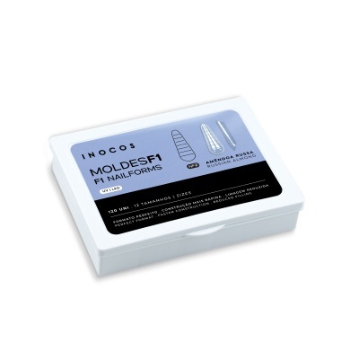Caixa branca de moldes para unhas da INOCOS com rótulo azul e preto