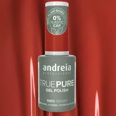 Frasco de verniz gel verde da marca andreia professional com texto sobre ingredientes e embalagem sustentável