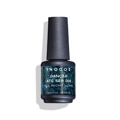 Garrafa de verniz gel azul brilhante INOCOS com texto no rótulo