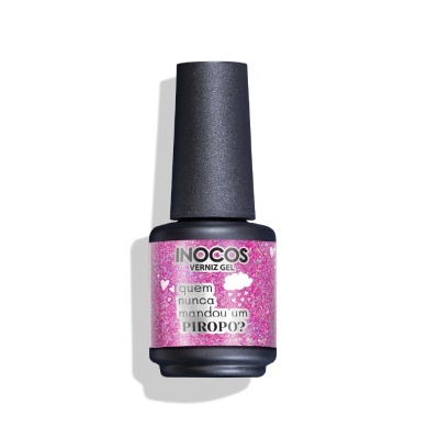 Frasco preto de verniz gel INOCOS com rótulo rosa brilhante e texto