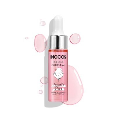 Frasco rosa de óleo de cutículas INOCOS com conta-gotas branco e tampa prateada