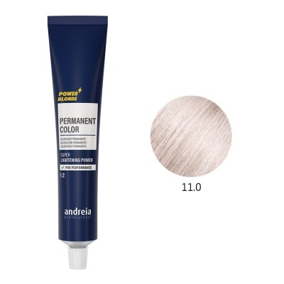Tubo azul de tinta para cabelo com amostra de cor loiro 11.0