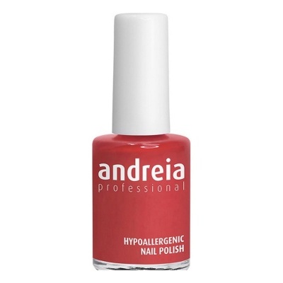 Frasco de verniz de unhas vermelho com tampa branca e texto branco
