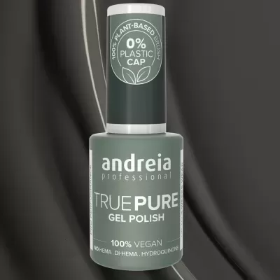 Frasco de verniz gel para unhas verde acinzentado com texto de marca e informações de veganismo e embalagem sustentavel.
