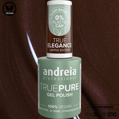 Frasco de verniz de gel Andreia TRUE PURE com tampa castanha e fundo escuro