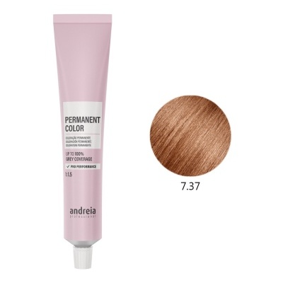 Tubo rosa de coloração permanente para cabelo com amostra de cor castanho claro dourado.