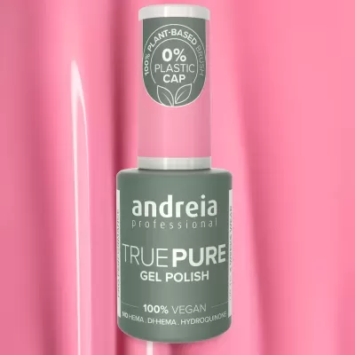 Esmalte em gel verde Andreia Professional TRUE PURE com tampa rosa e texto sobre sustentabilidade