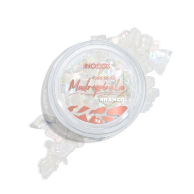 Frasco redondo transparente com flocos de madrepérola branco iridescente