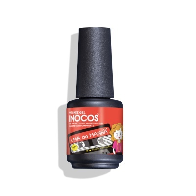 Frasco de verniz gel INOCOS com rótulo vermelho e ilustração de fita cassete