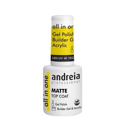 Frasco de verniz para unhas Andreia professional matte top coat branco com rótulo amarelo e preto