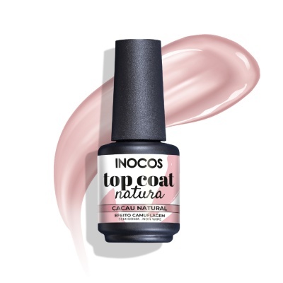Frasco de verniz top coat com rótulo branco e rosa e tampa preta, com amostra de cor rosa claro ao fundo