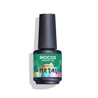 Frasco de verniz gel INOCOS verde metal com tampa preta