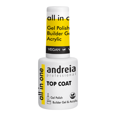 Frasco branco de verniz de unhas Andreia Top Coat com rótulo amarelo e texto preto