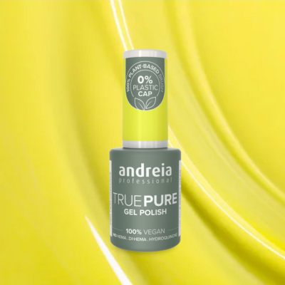 Frasco de verniz gel Andreia True Pure com tampa amarela e corpo cinza escuro no fundo amarelo.