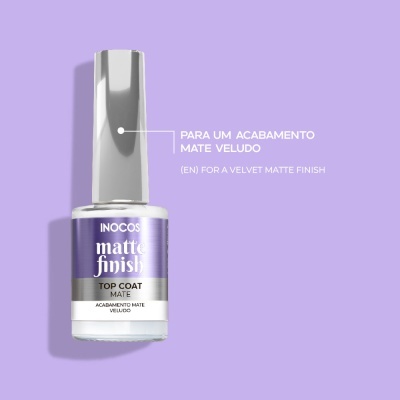 Frasco de top coat mate Inocos com rótulo roxo e prata