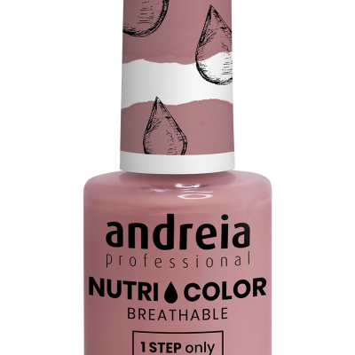 Frasco de verniz para unhas rosa com tampa branca e texto 'VEGAN' na tampa e texto 'andreia professional NUTRI COLOR' no corpo.