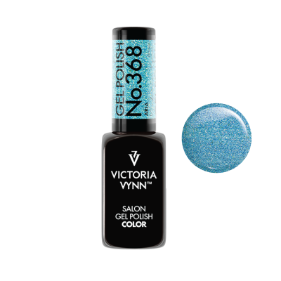 Esmalte de unhas em gel azul brilhante Victoria Vynn com brilho e garrafa preta.