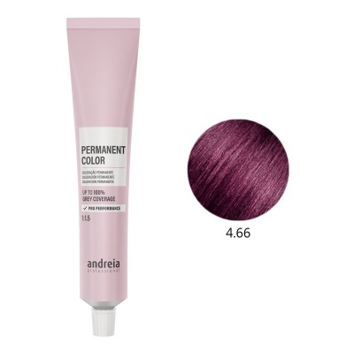 Tubo rosa de coloração de cabelo permanente ao lado de amostra de cor vermelho-escuro.