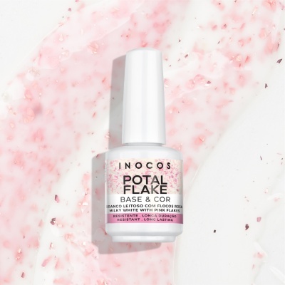 Frasco de verniz para unhas branco com flocos rosa e texto