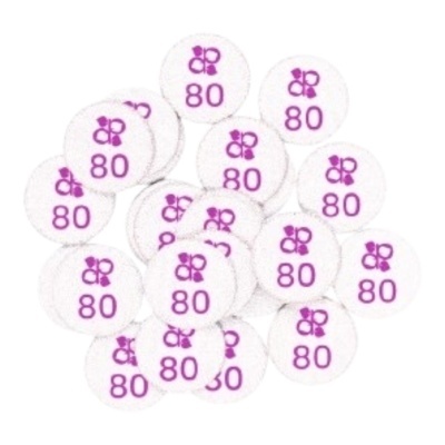 Pastilhas brancas redondas com símbolo e número 80 roxos