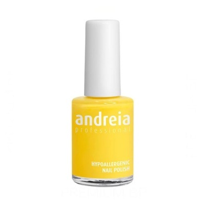 Frasco de esmalte de unhas amarelo com tampa branca, texto branco e fundo branco