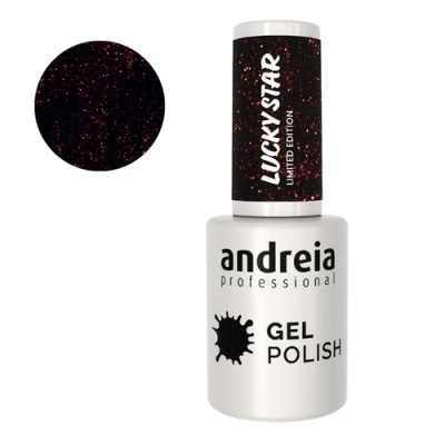 Esmalte gel preto com brilhantes vermelhos Lucky Star Andreia Professional