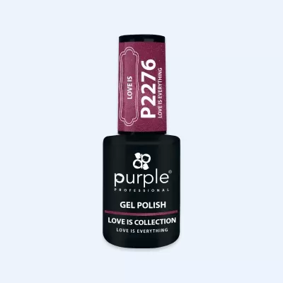 Frasco preto de verniz gel para unhas com tampa roxa brilhante e etiquetas com texto.