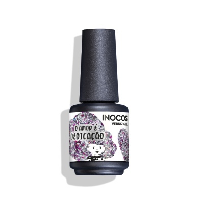 Frasco de verniz gel INOCOS com rótulo decorado com purpurinas e texto em português.