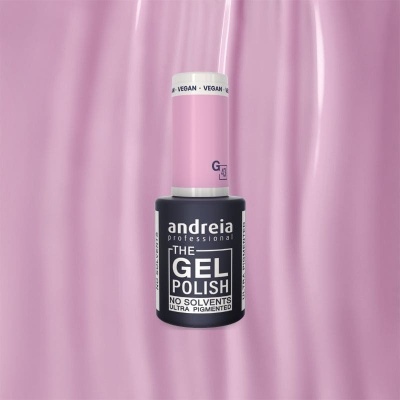 Esmalte gel Andreia professional com tampa rosa e embalagem preta sobre fundo rosa